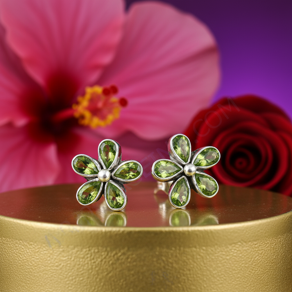925 Silver Peridot Flower Stud Earrings for Women | Gift