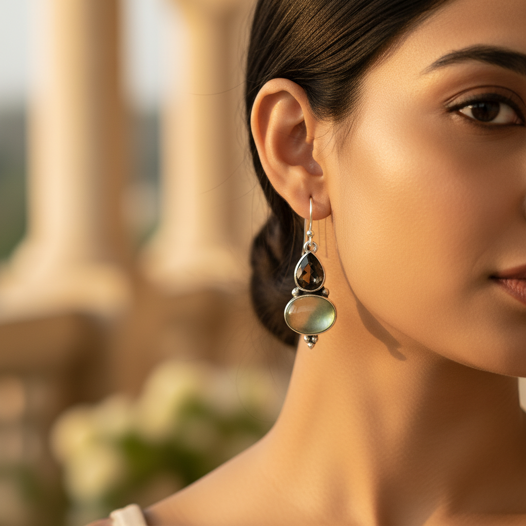 925 sterling silver prehnite & smoky quartz earrings for women