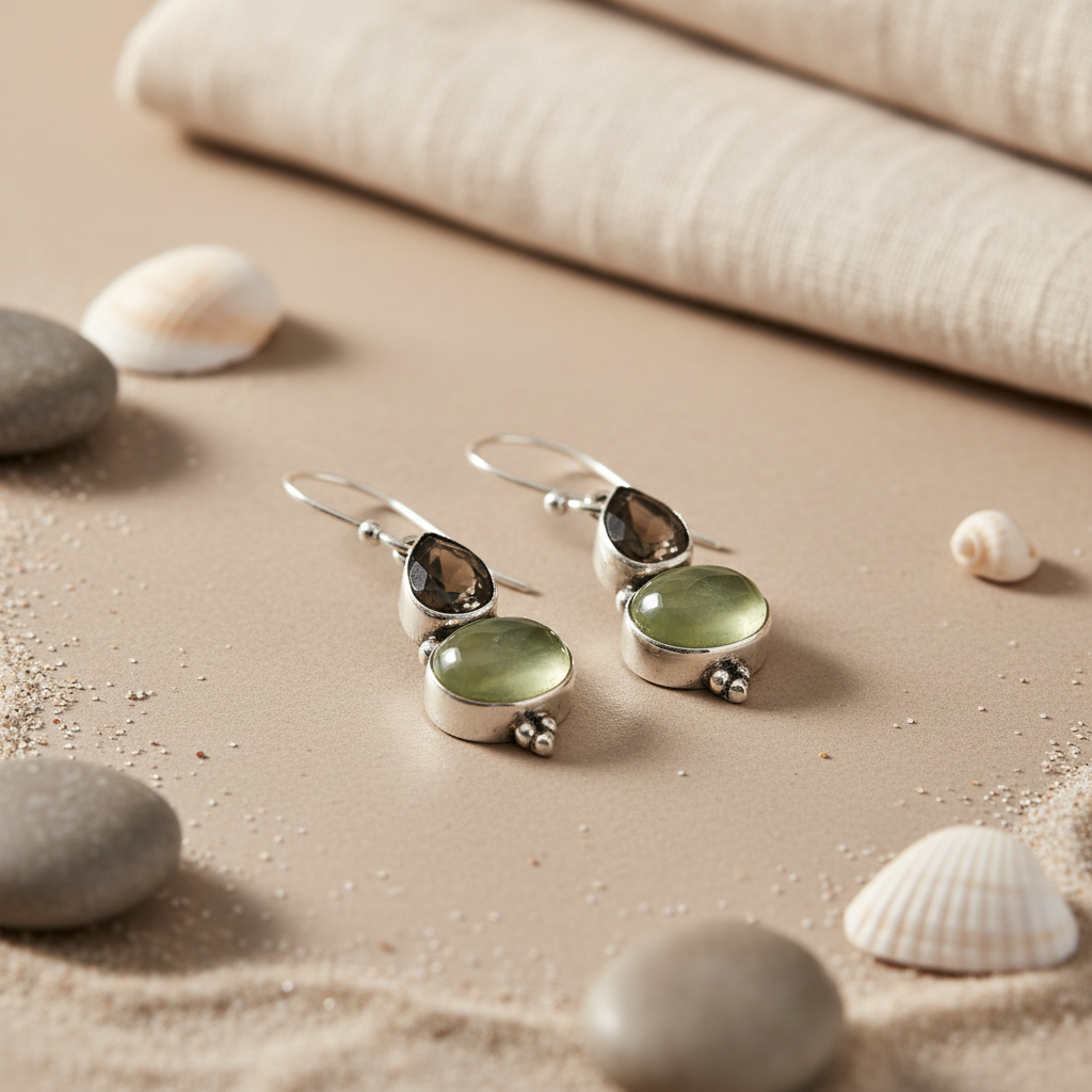 925 Sterling Silver Prehnite & Smoky Quartz Earrings for Women