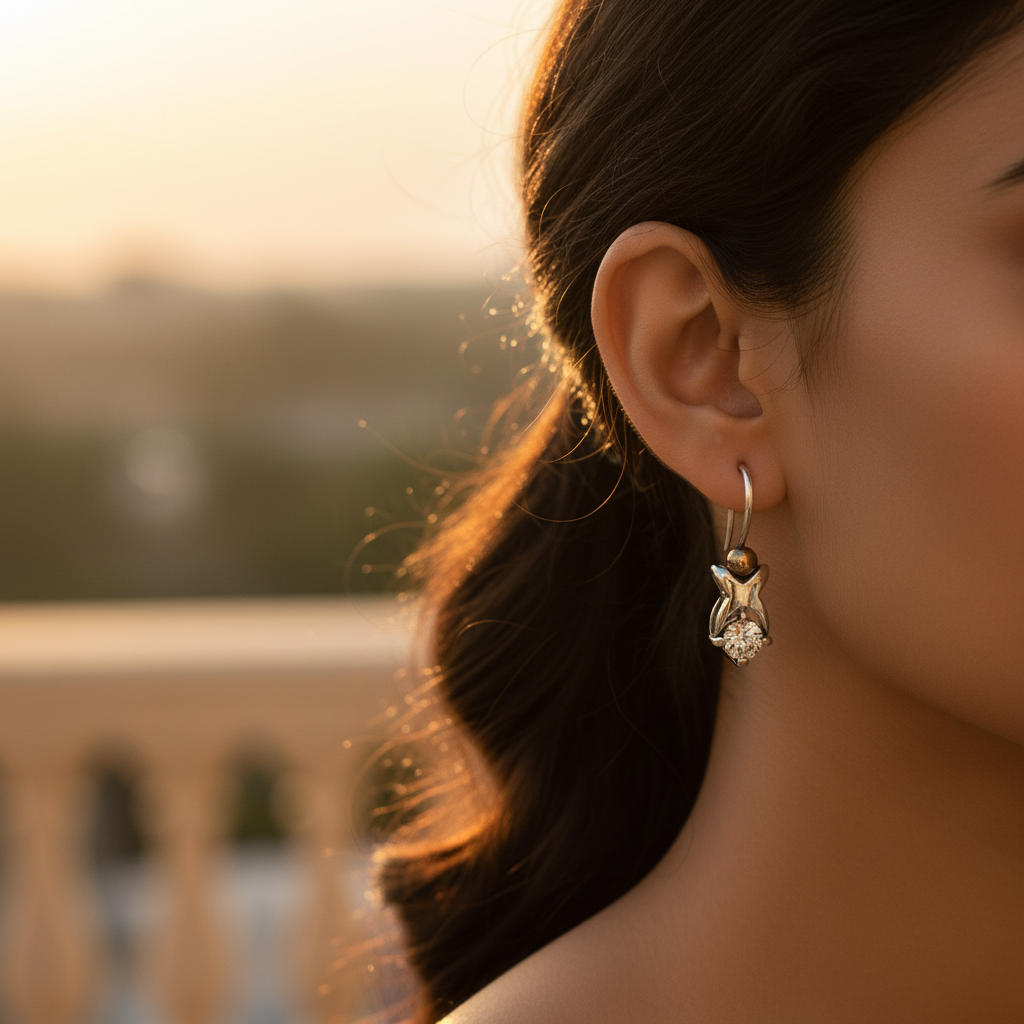 女士银色钻石水滴耳环 | 精致首饰