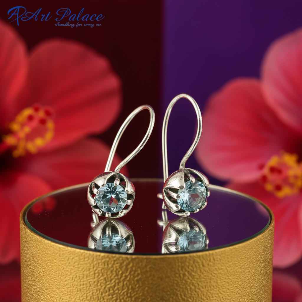 925银蓝色托帕石耳环 | 女士花朵吊坠耳环