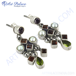 Load image into Gallery viewer, Sterling silver dangle earrings with garnet, pearl, and peridot gemstones, perfect for any occasion.
