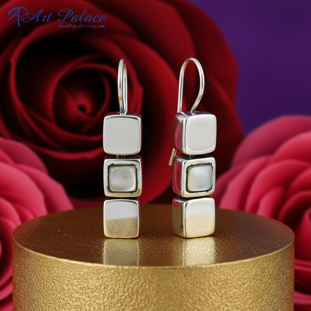 银色立方体水滴耳环，镶嵌珍珠母贝 | 送给她的礼物