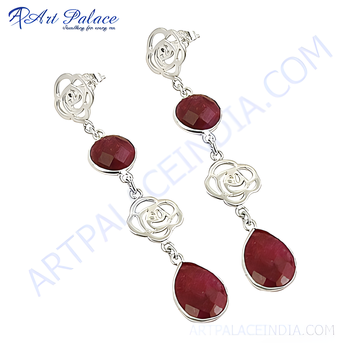 925 sterling silver drop earrings with faceted red ruby gemstones and floral accents