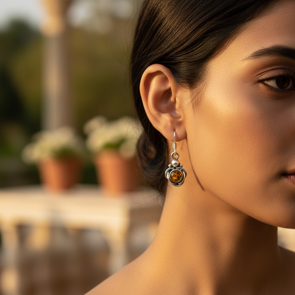 925 Silver Amber Drop Earrings | Gemstone Jewelry for Women