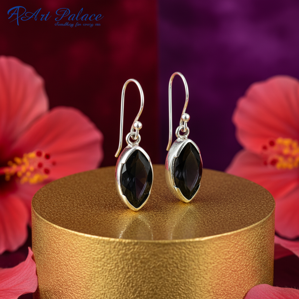 925 Silver Onyx Drop Earrings for Women | Black Gemstone Jewelry