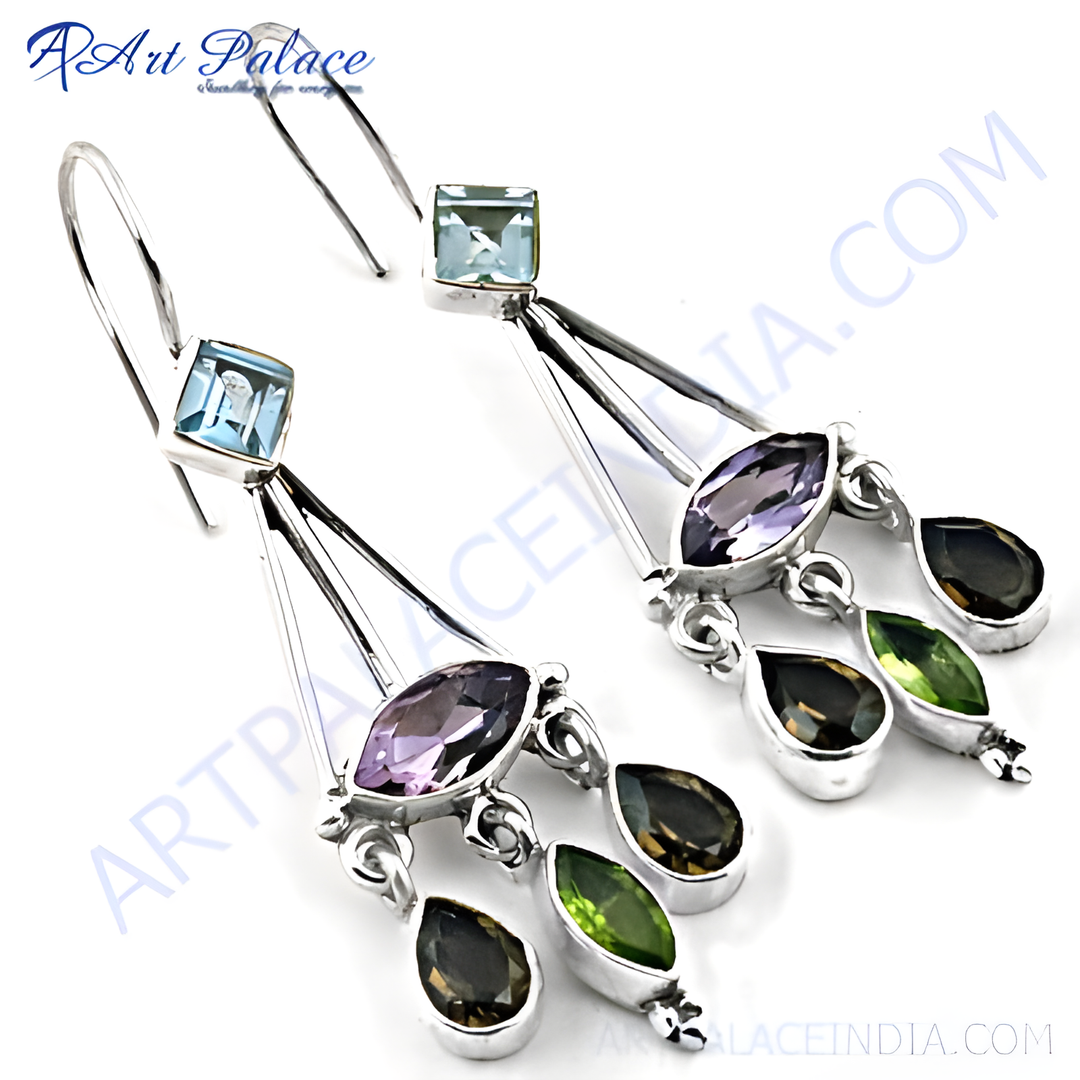 925 sterling silver dangle earrings with blue, purple, green, and brown gemstones