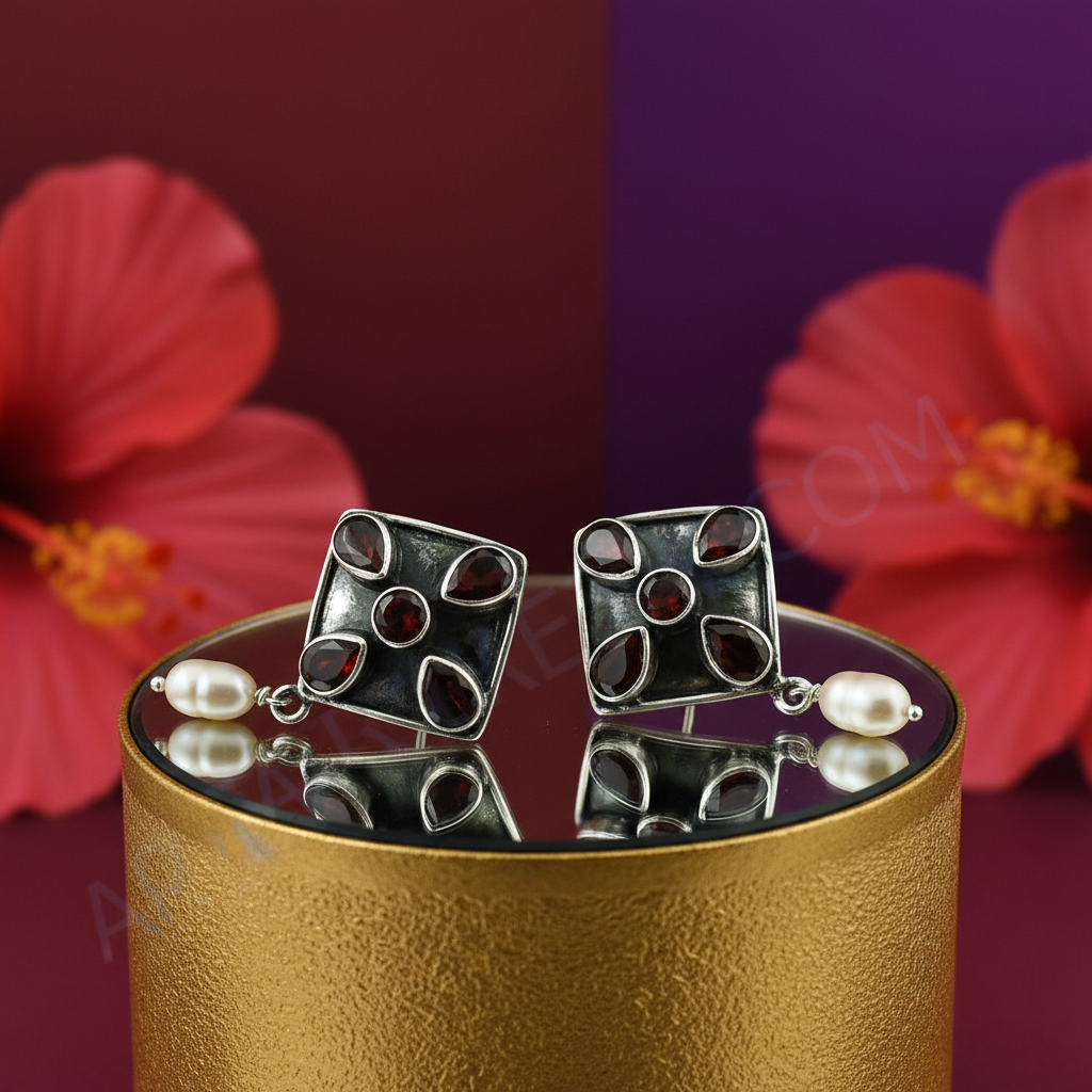 925 Silver Garnet & Pearl Earrings for Women | Dangle Jewelry