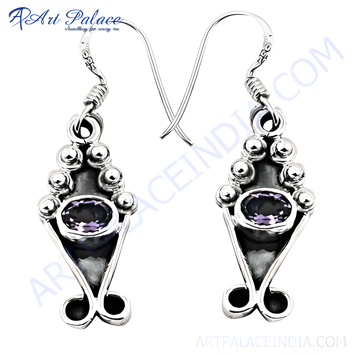 925 sterling silver drop earrings with oval amethyst gemstones and decorative design