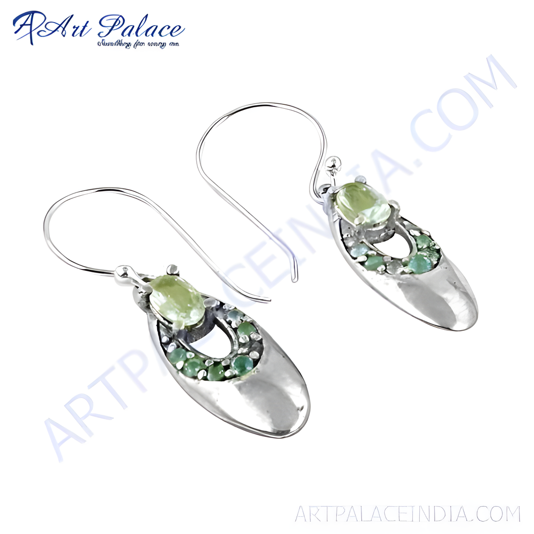 Sterling silver drop earrings with peridot and emerald gemstones, light green and silver color
