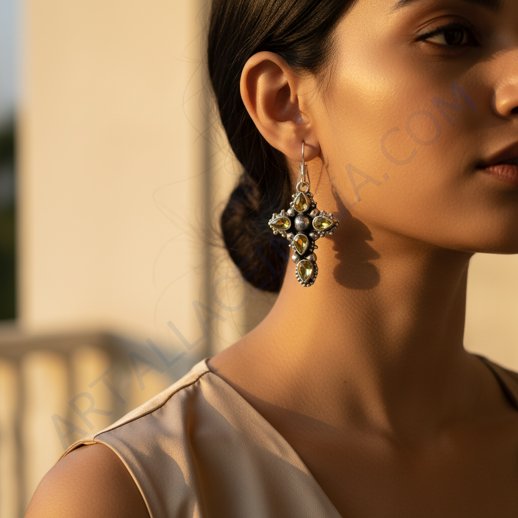 925纯银黄水晶十字耳环 | 女士宝石首饰