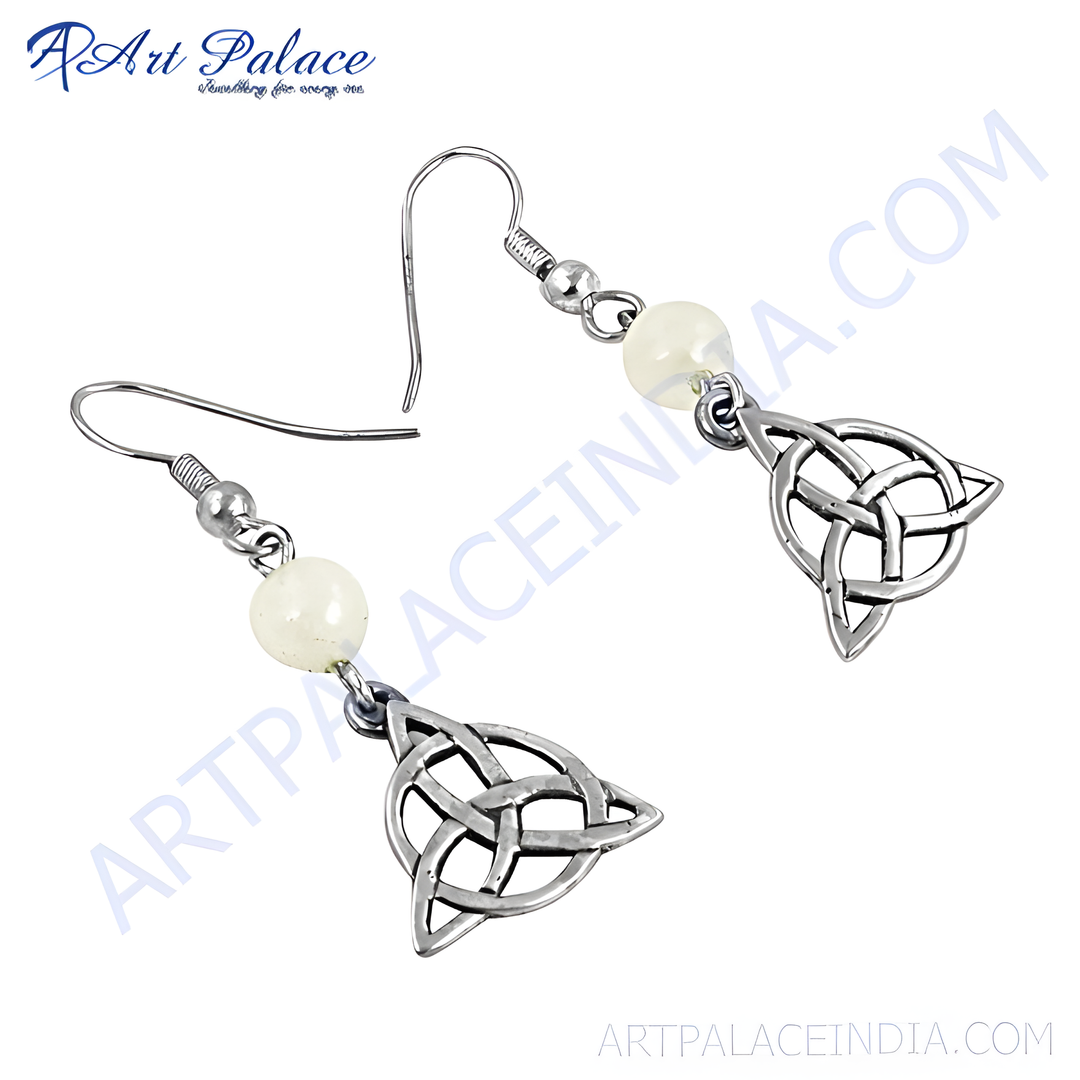 Sterling silver dangle earrings with a Celtic knot design and pearl beads, ideal for women.