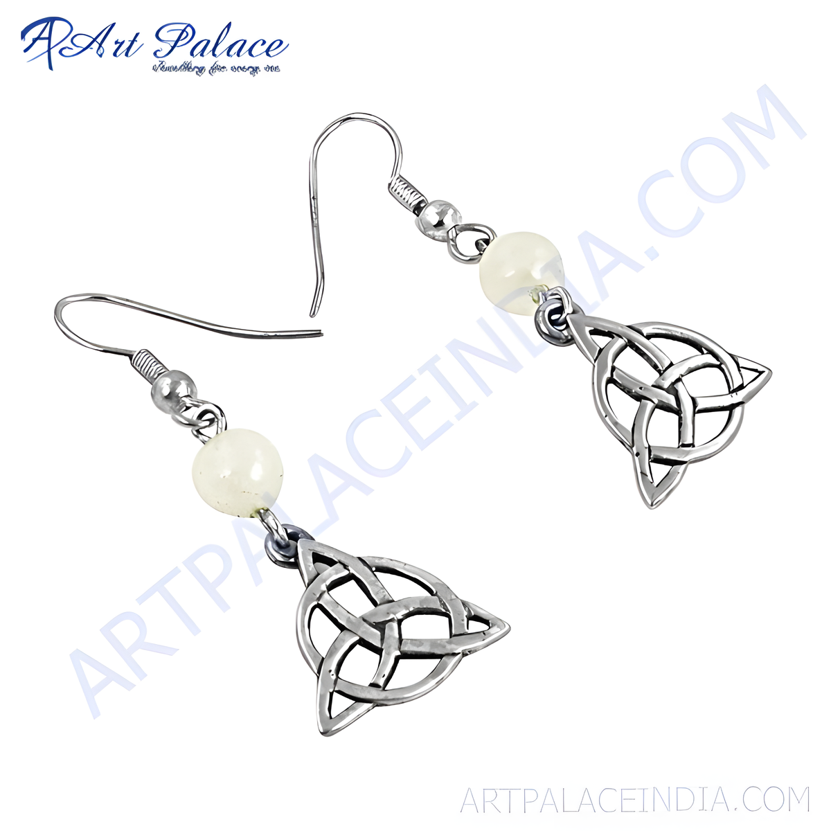 Sterling silver dangle earrings with a celtic knot design and pearl beads, ideal for women