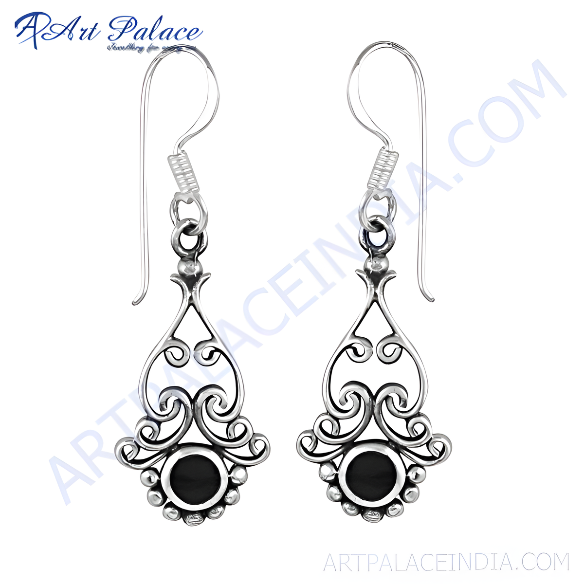 925 sterling silver dangle earrings with black onyx gemstones and intricate detailing