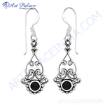 Load image into Gallery viewer, 925 sterling silver dangle earrings with black onyx gemstones and intricate detailing
