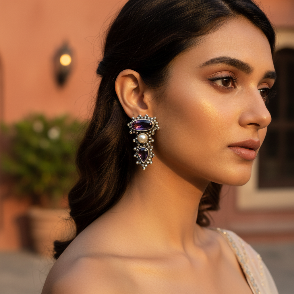 925 Silver Amethyst & Pearl Earrings for Women | Gift
