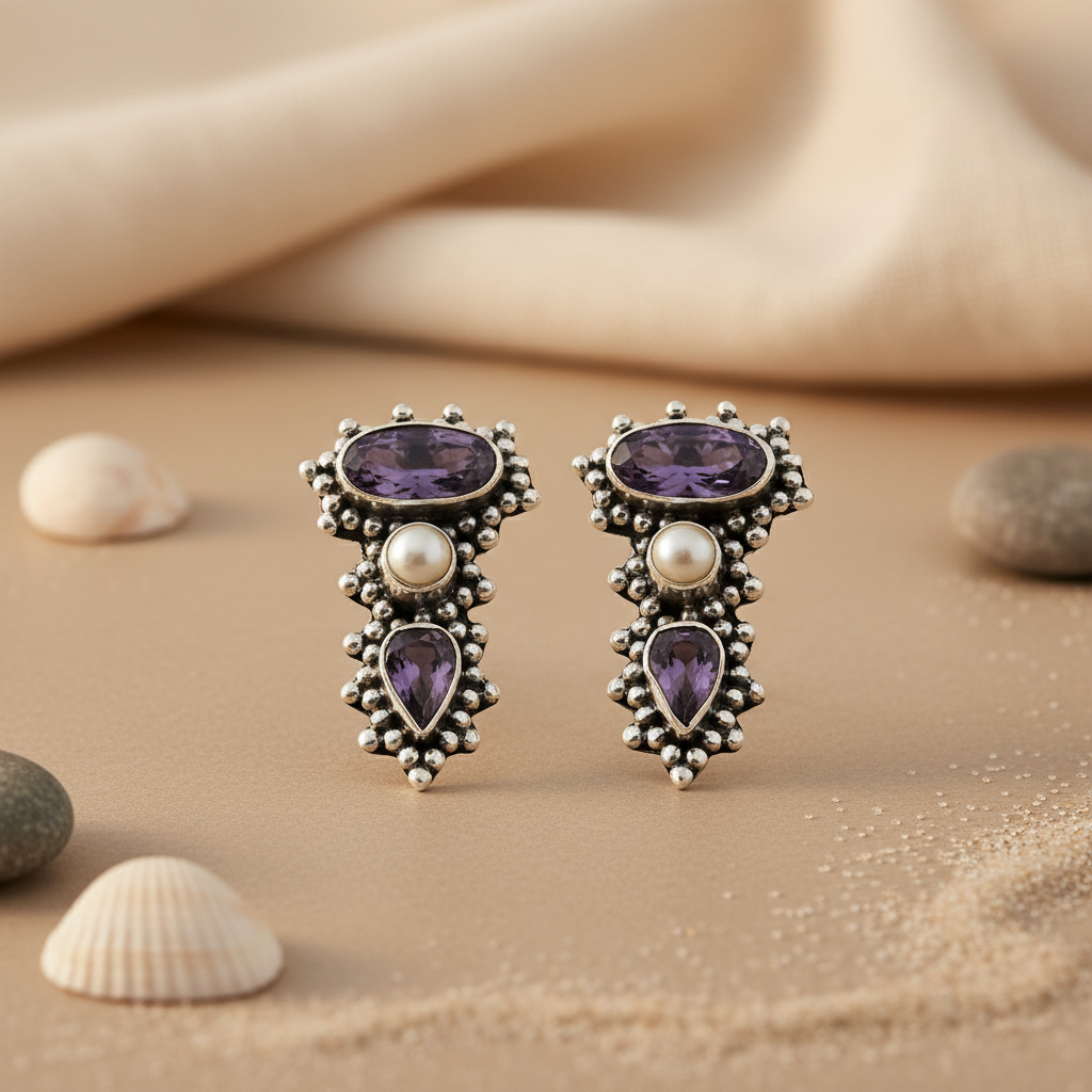 925 Silver Amethyst & Pearl Earrings for Women | Gift