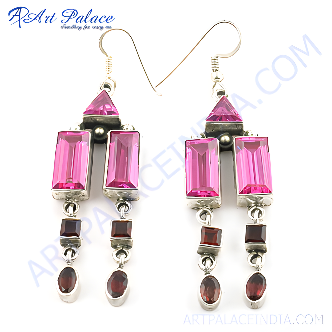 925 Silver Pink & Red Gemstone Dangle Earrings for Women