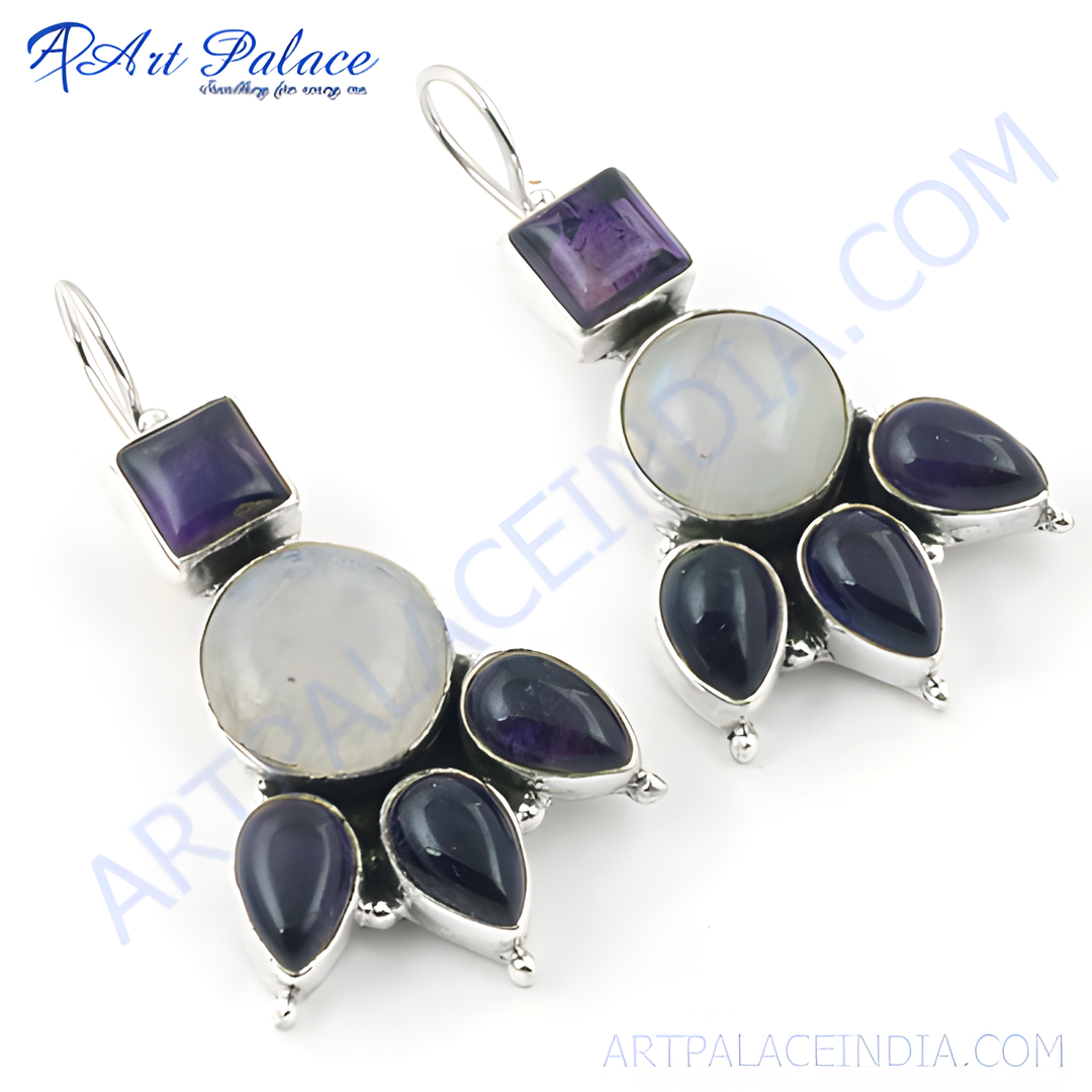925 sterling silver drop earrings featuring moonstone and amethyst gemstones in a floral design
