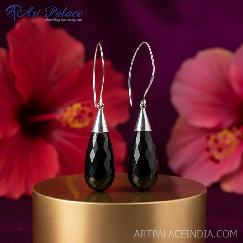 Black Onyx Drop Earrings in Sterling Silver | For Women