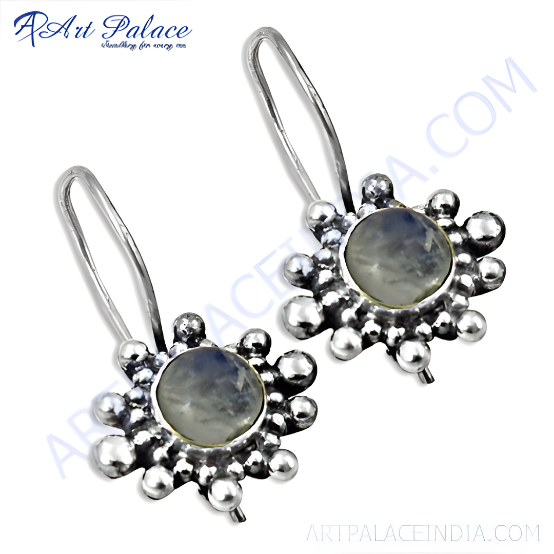925 sterling silver dangle earrings with round moonstone centers and a floral design