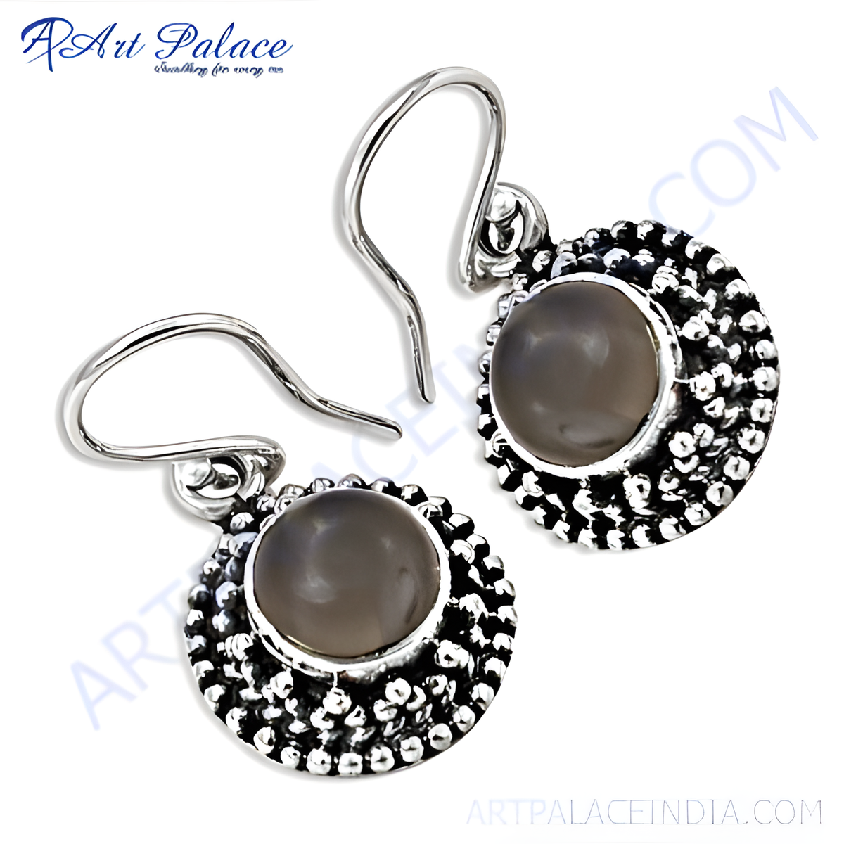 Sterling silver drop earrings with grey moonstone center stones, a round design