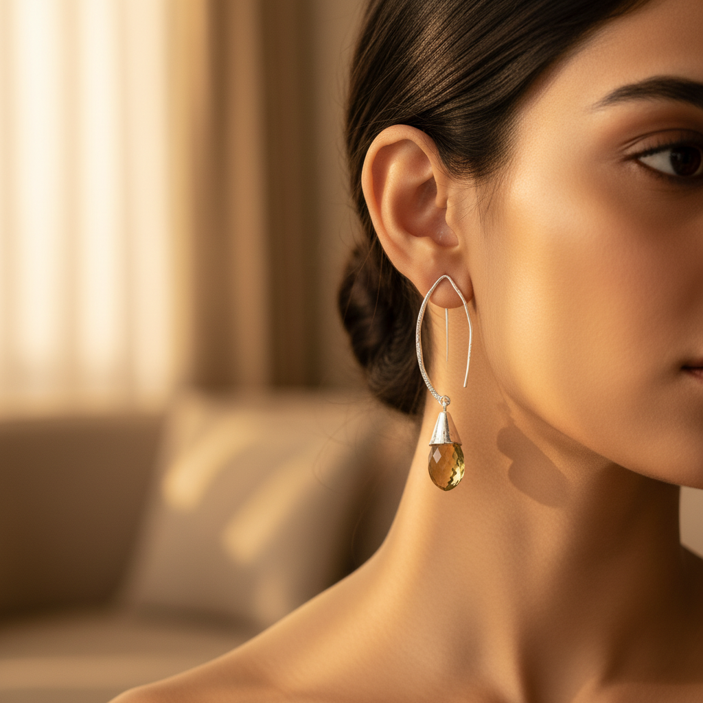 925纯银黄水晶水滴耳环（女士款）| 宝石首饰