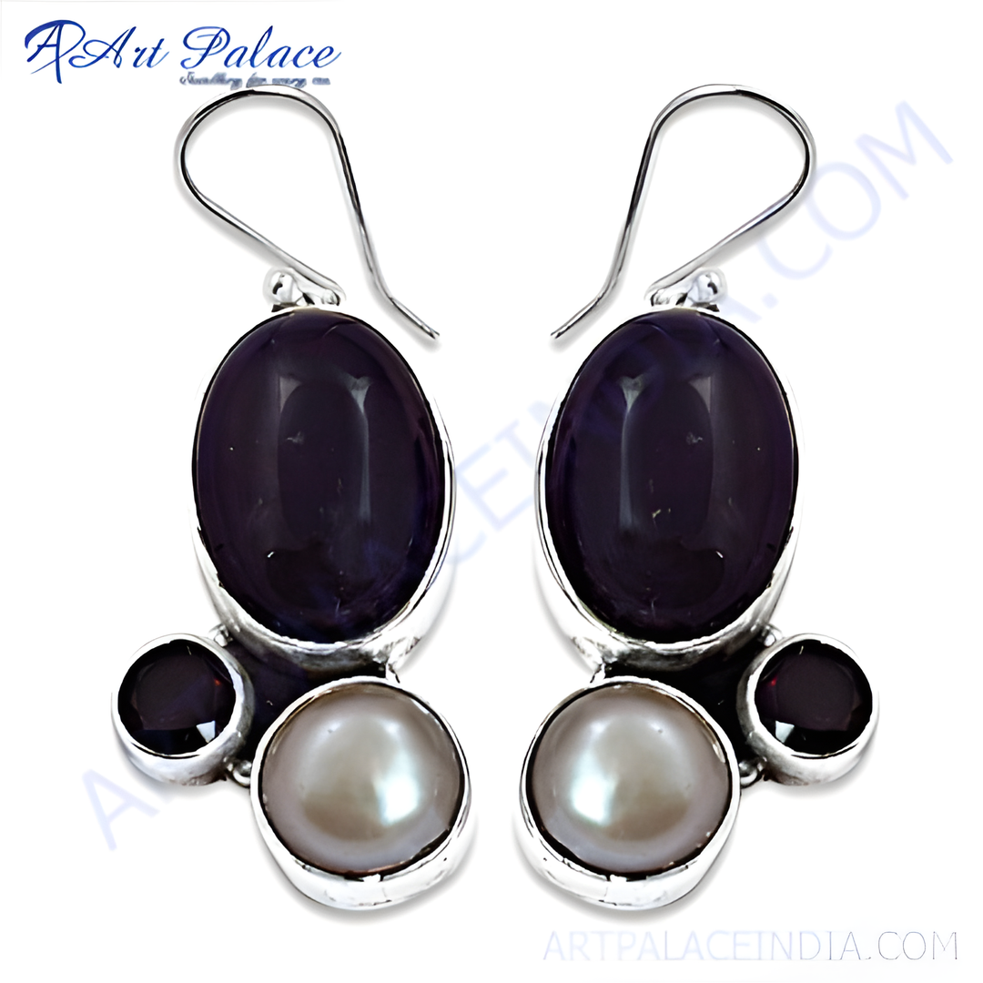 925 sterling silver drop earrings with purple charoite gemstones and pearl accents.
