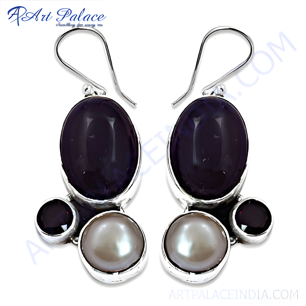 925 sterling silver drop earrings with purple charoite gemstones and pearl accents