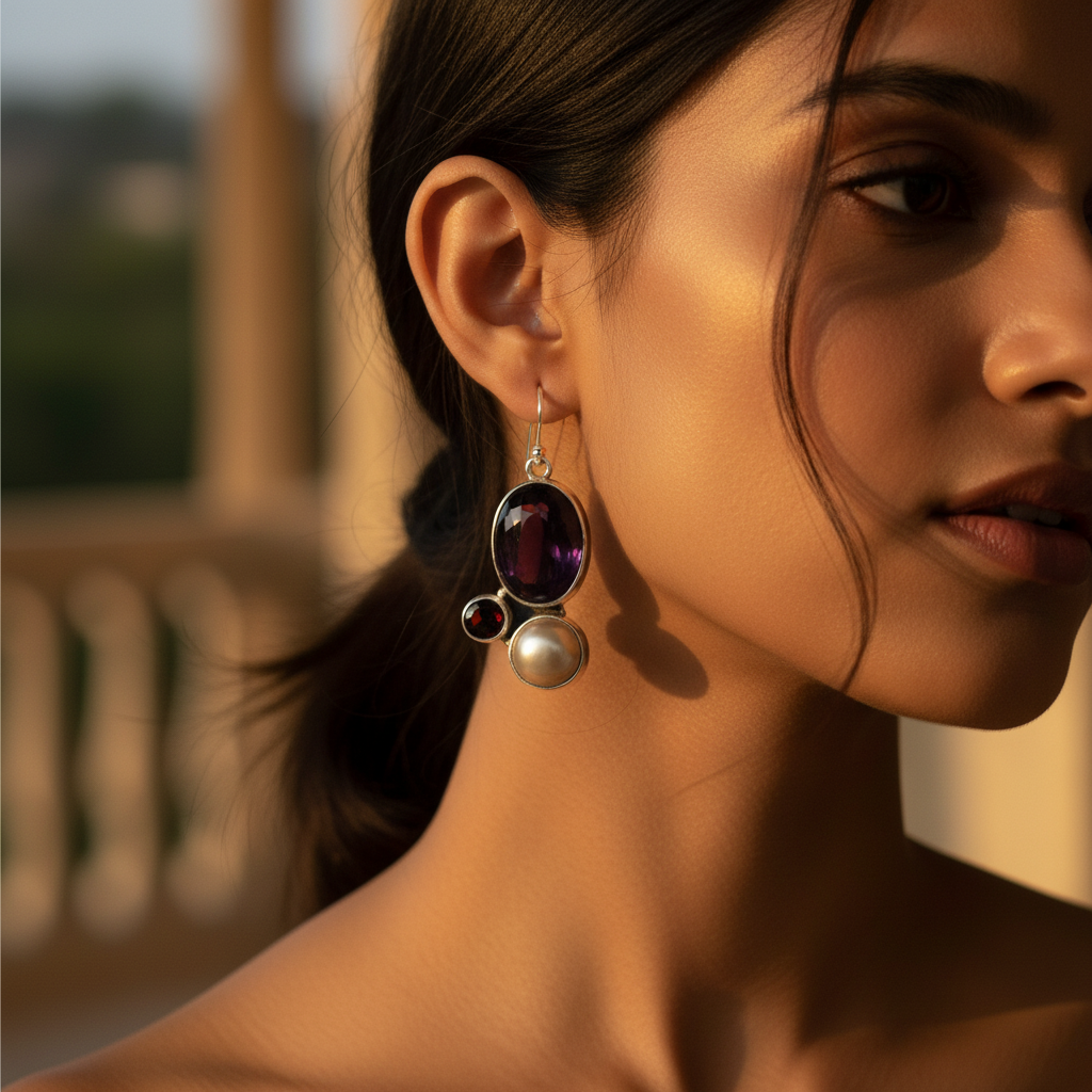 925 Silver Charoite & Pearl Drop Earrings for Women | Dangle Jewelry