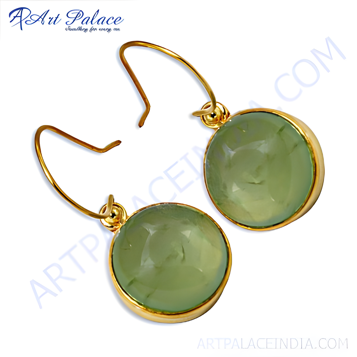 Gold tone drop earrings featuring round, green gemstone cabochons, perfect for adding a touch of color to any outfit