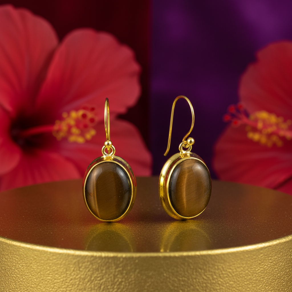 Gold Tiger Eye Earrings | Oval Gemstone Dangle Earrings for Women
