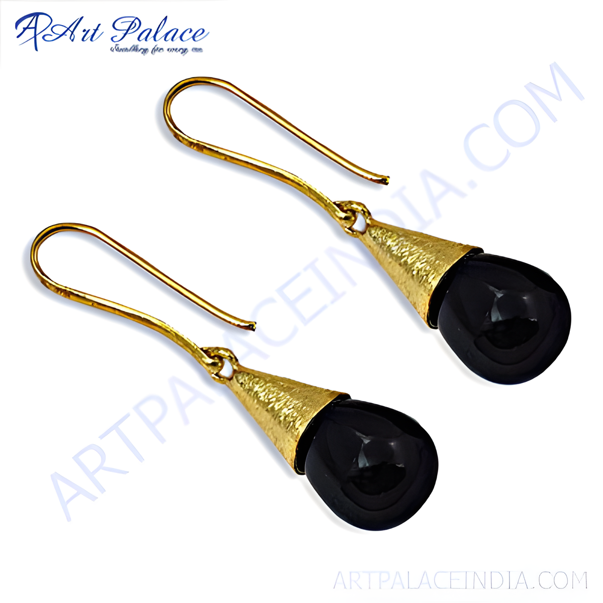 Gold teardrop drop earrings with black onyx gemstones, perfect for women