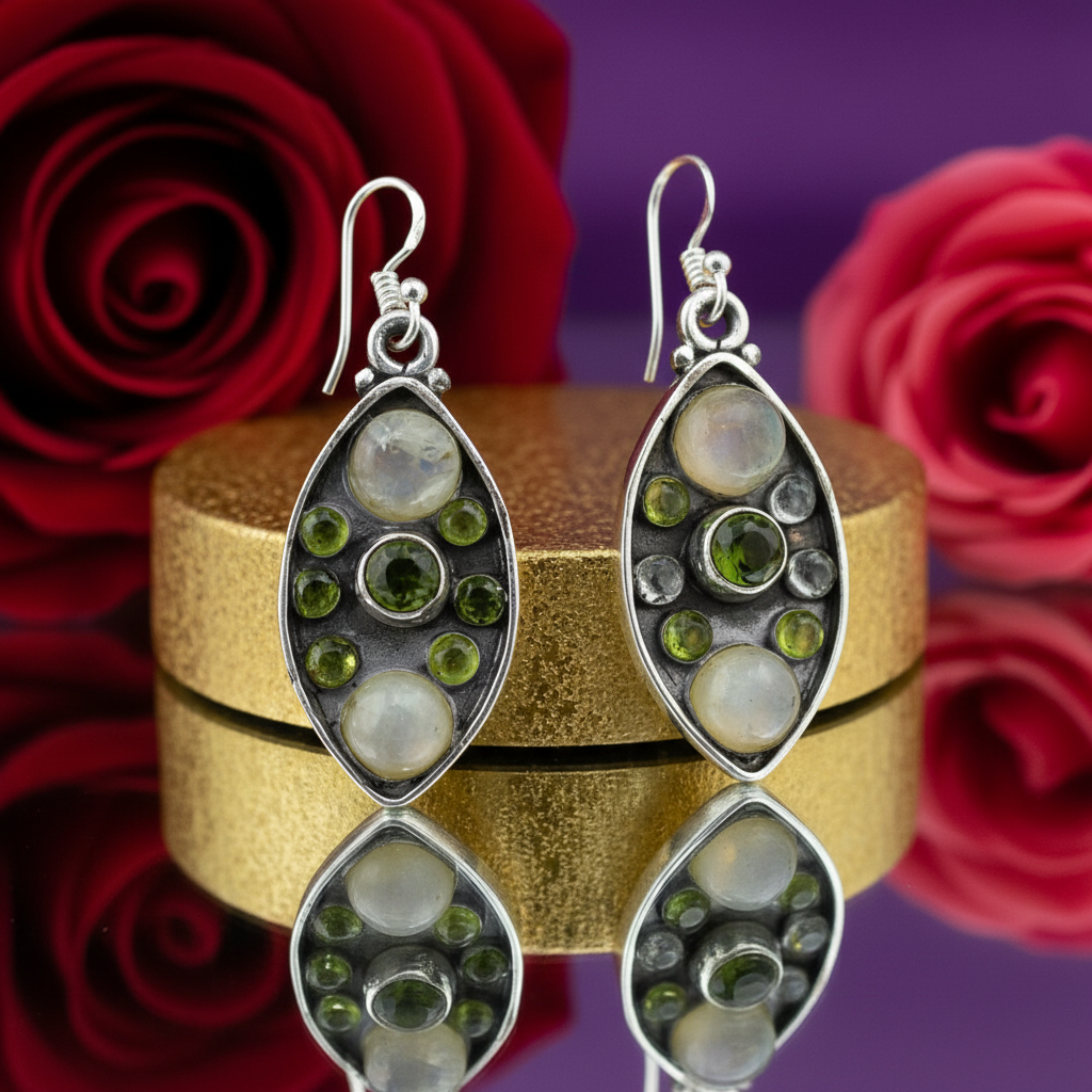 925 Silver Moonstone & Peridot Earrings for Women | Dangle Jewelry