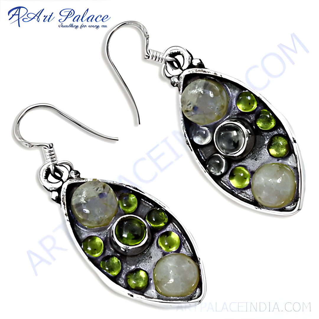 925 sterling silver dangle earrings featuring moonstone and peridot gemstones in a leaf design.