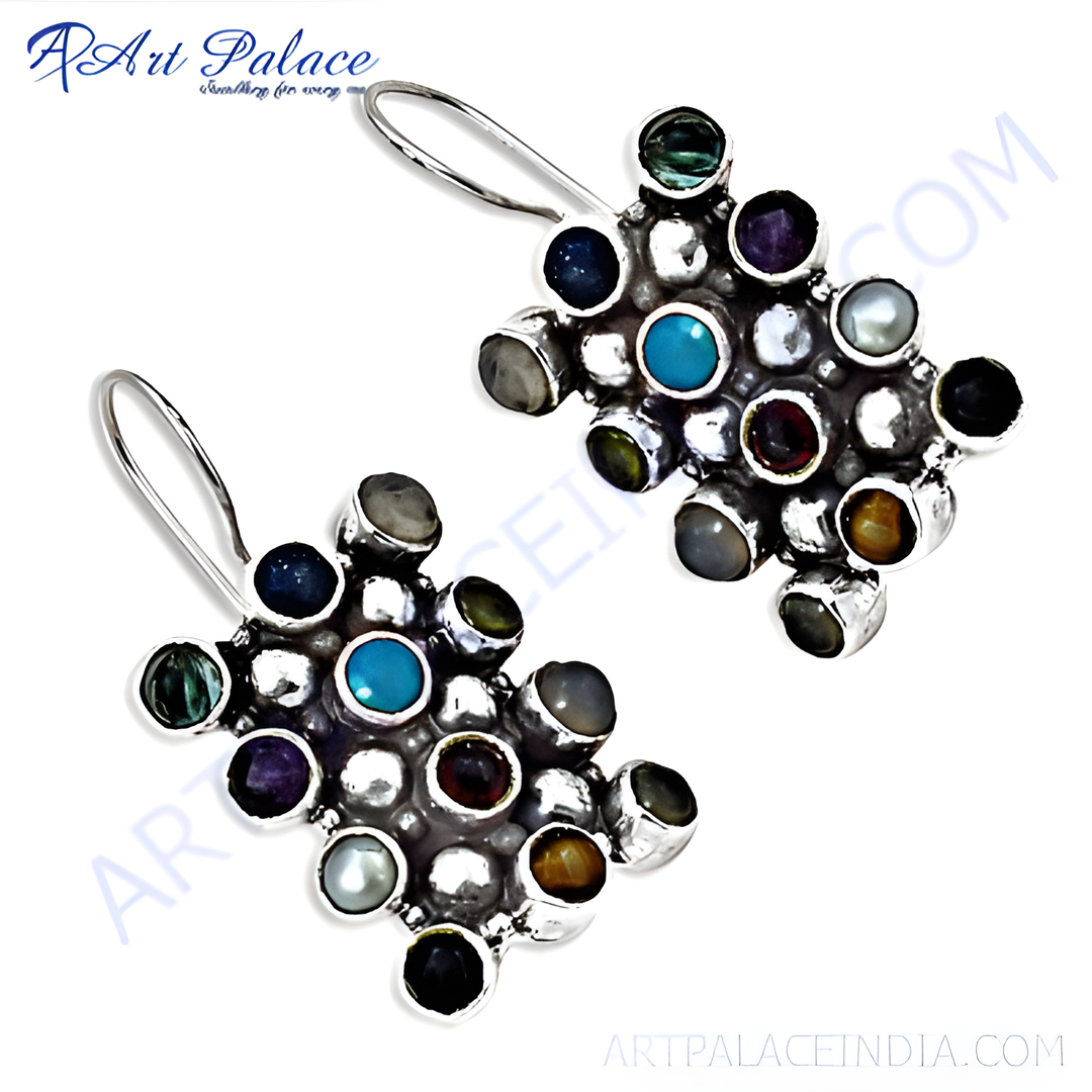 925 sterling silver dangle earrings featuring various colorful gemstones and a hook closure.