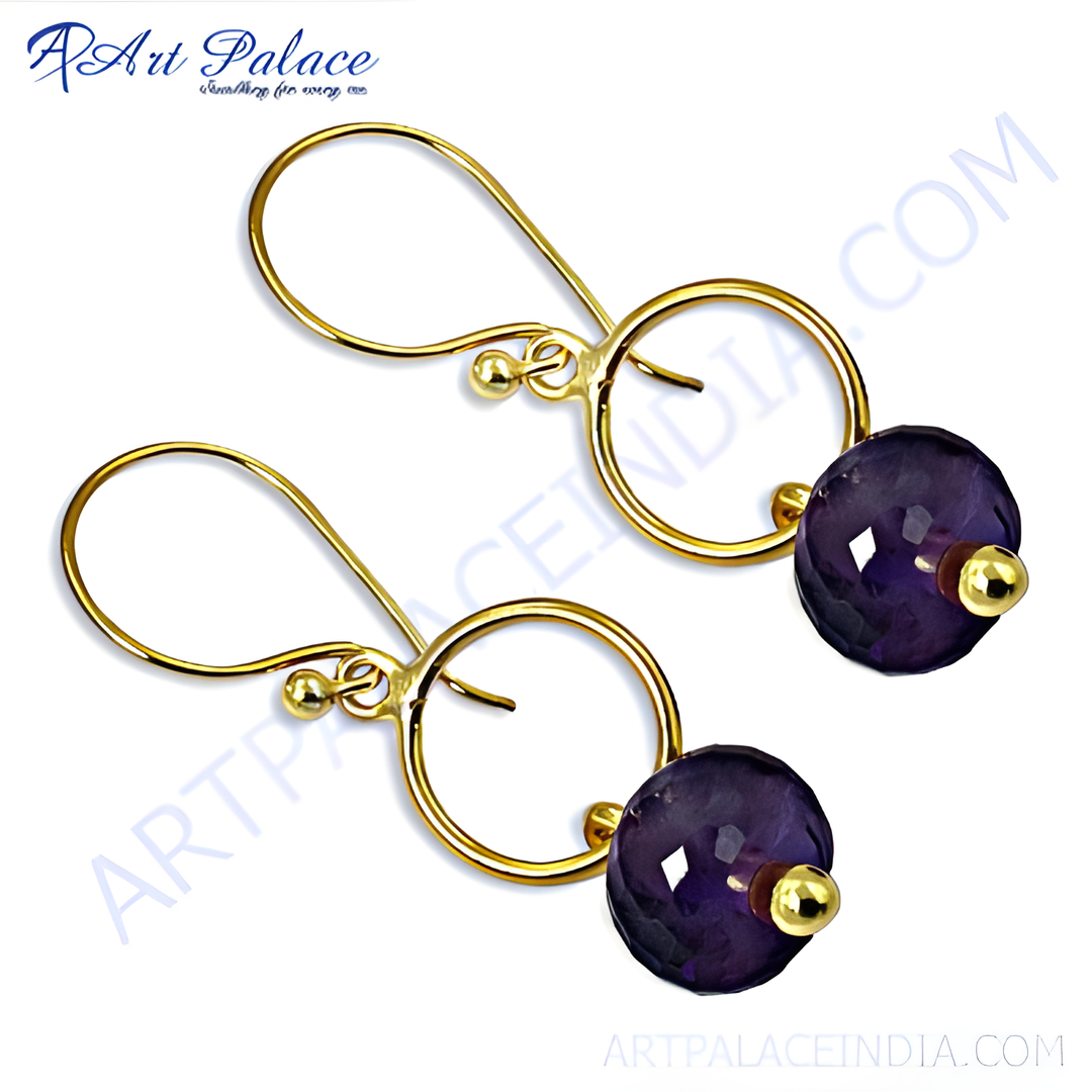 Gold drop earrings featuring vibrant purple amethyst gemstones, perfect for women.