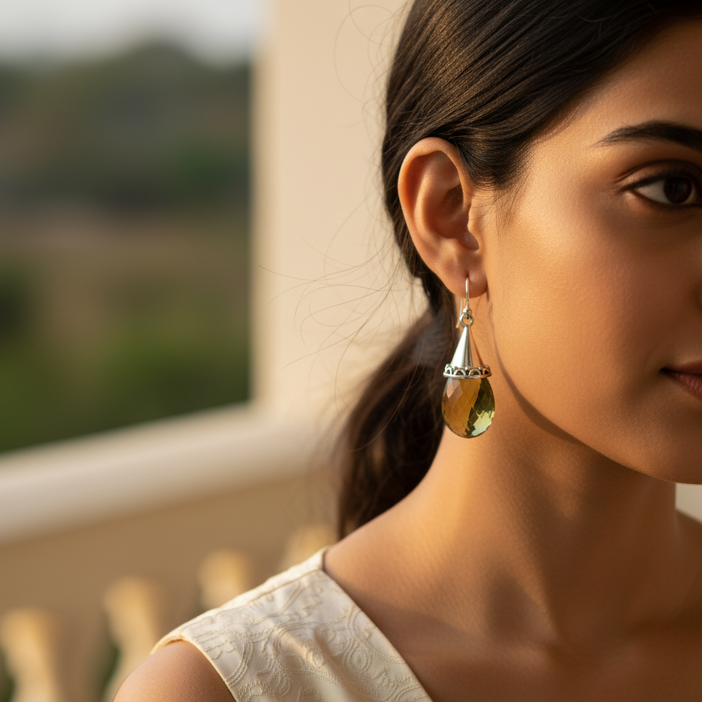925 Silver Olive Green Quartz Earrings for Women | Dangle Jewelry