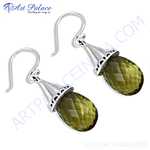 Load image into Gallery viewer, 925 sterling silver dangle earrings with olive green quartz teardrop gemstones. Elegant, faceted design.

