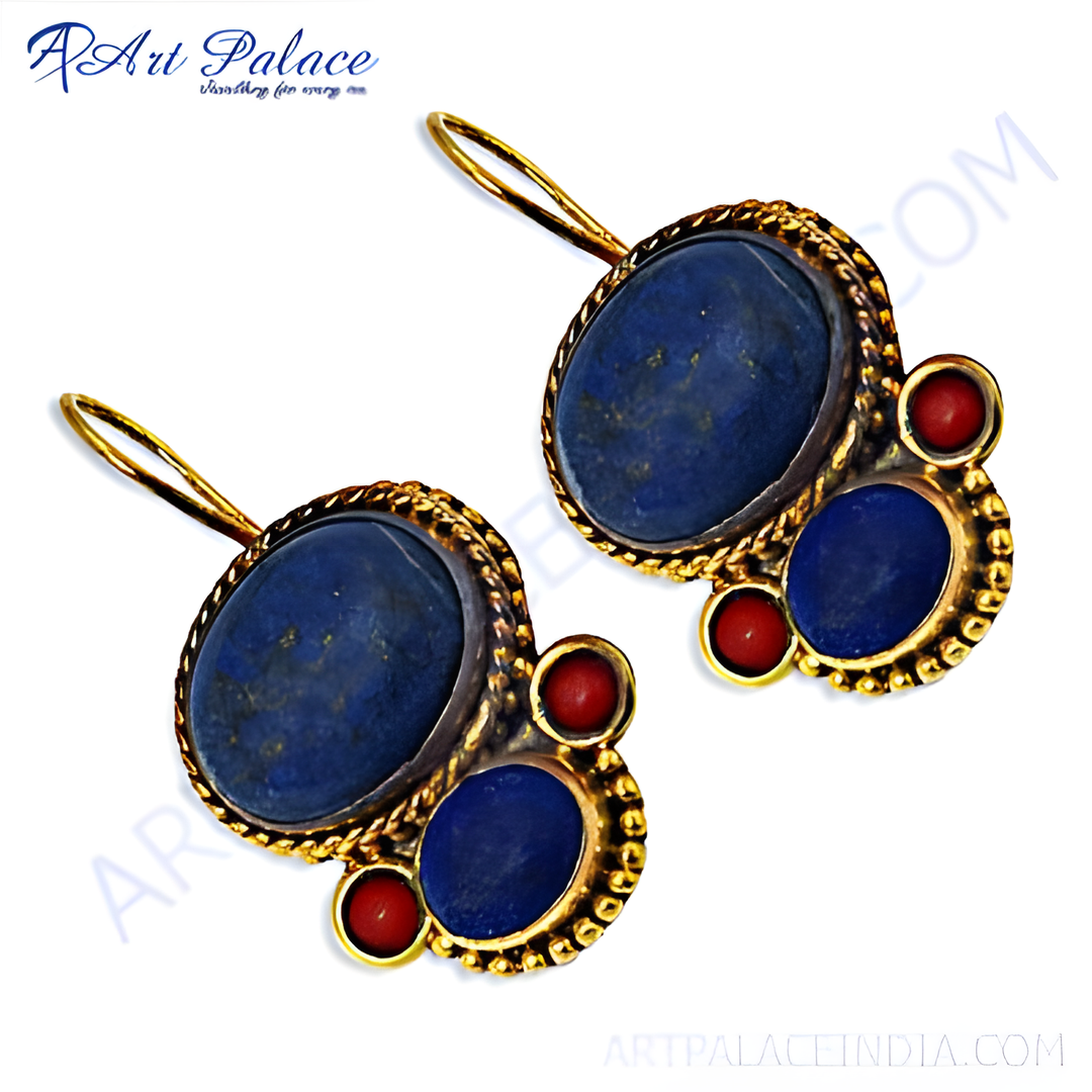Gold tone drop earrings featuring oval Lapis Lazuli and Coral gemstones.