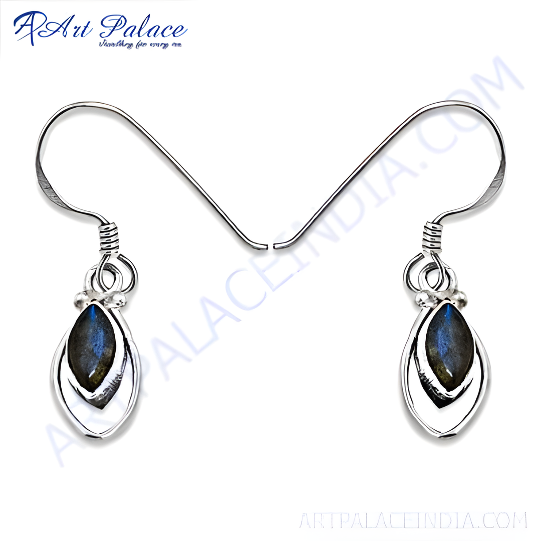 Sterling silver dangle earrings with oval-shaped labradorite gemstones and a unique design