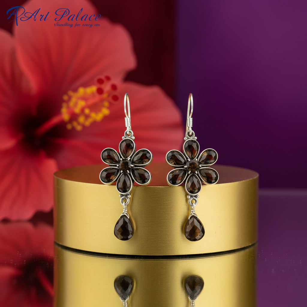 Pendientes de flor de plata 925 | joyería con piedras preciosas de cuarzo ahumado