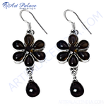 Load image into Gallery viewer, 925 sterling silver dangle earrings featuring a flower design and smokey quartz gemstones, brown color.
