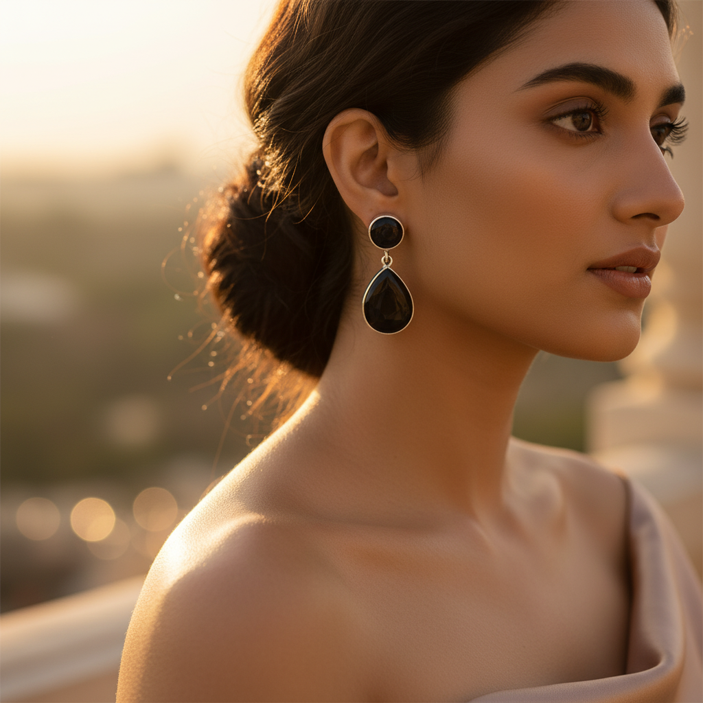 925 Sterling Silver Black Onyx Dangle Earrings for Women