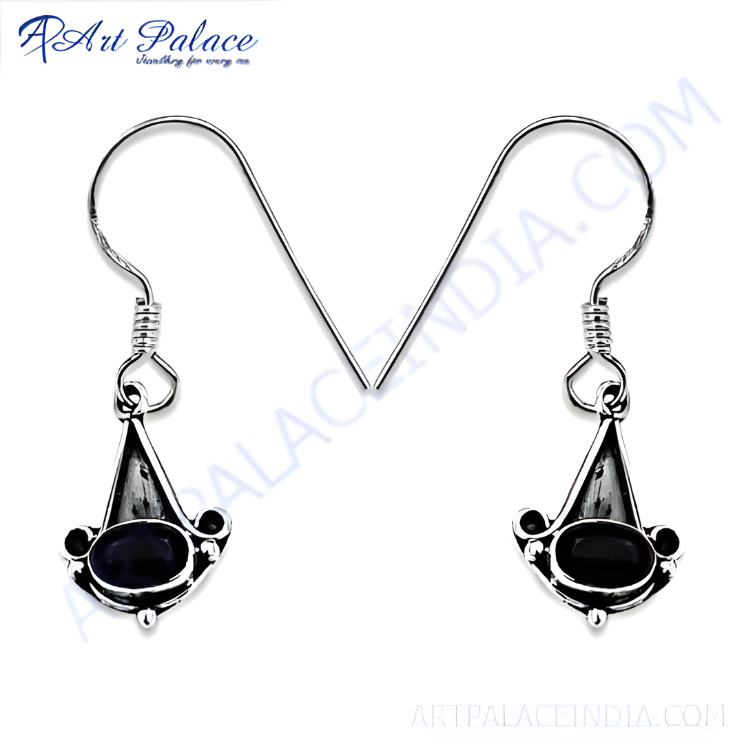 Sterling silver drop earrings with black onyx gemstone. Elegant design for women.