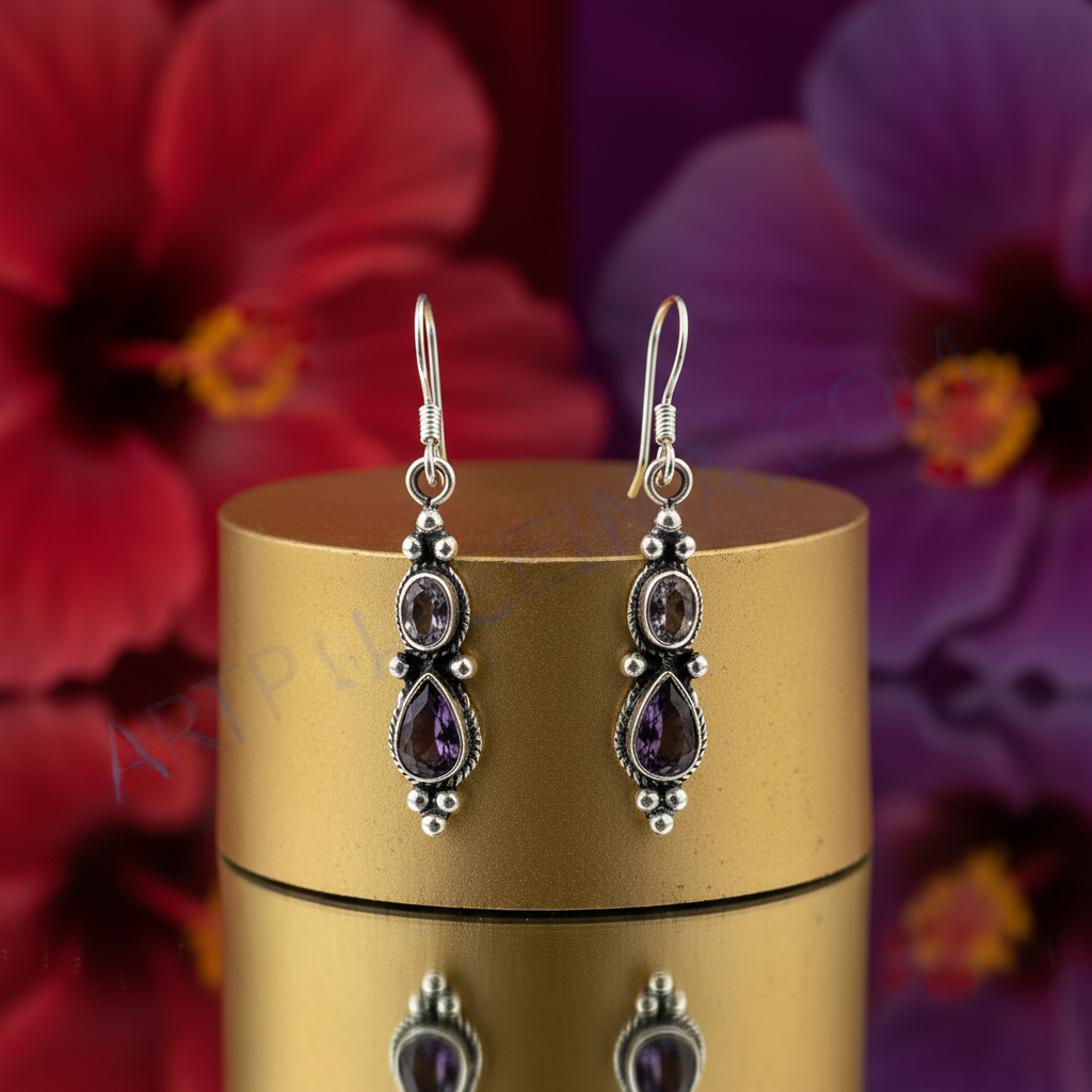 925 Silver Amethyst Drop Earrings for Women | Gemstone Jewelry