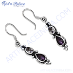 Load image into Gallery viewer, 925 sterling silver drop earrings with oval and teardrop-shaped purple amethyst gemstones

