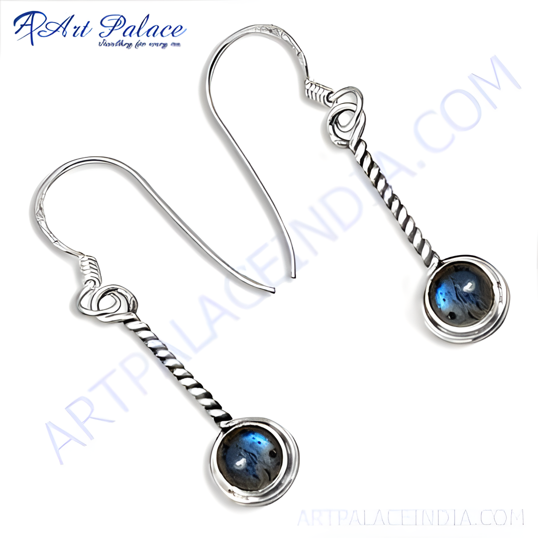925 sterling silver drop earrings featuring a round labradorite gemstone with blue and gray hues.