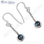 Load image into Gallery viewer, 925 sterling silver drop earrings featuring a round labradorite gemstone with blue and gray hues.
