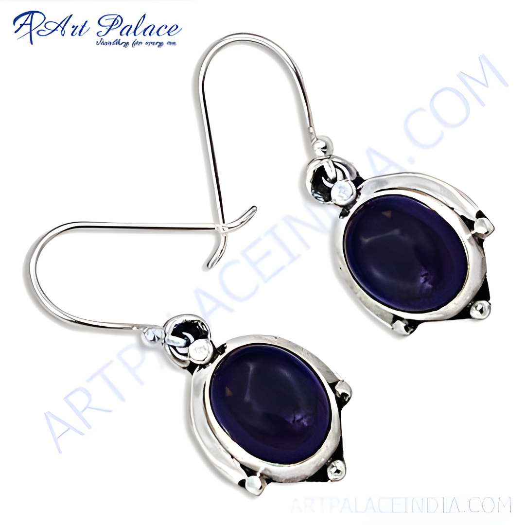 925 sterling silver drop earrings with oval dark blue gemstone center